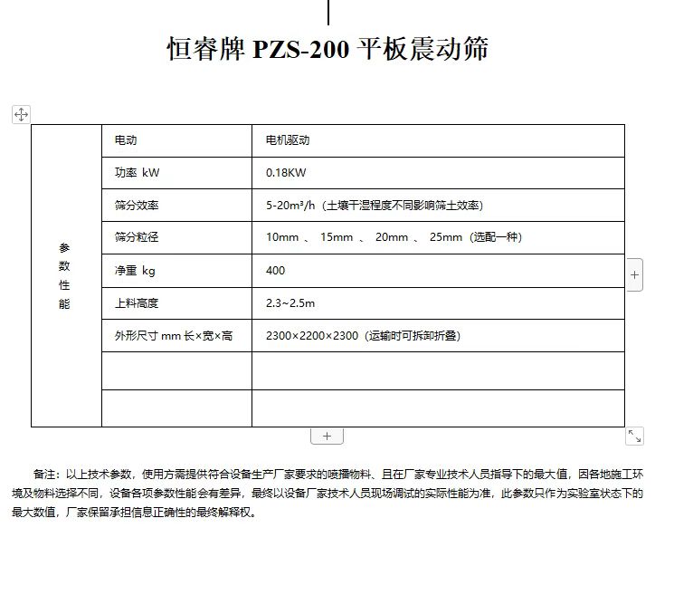 恒睿平板篩參數